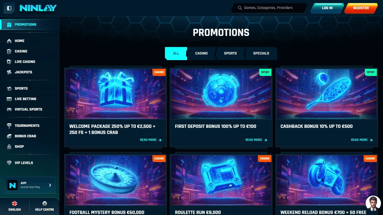 Ninlay Casino desktop promotions area with casino and sportsbook rewards