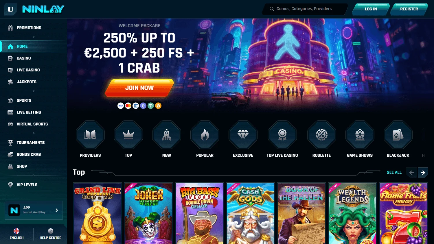 Ninlay Casino desktop home screen with casino offers and account access