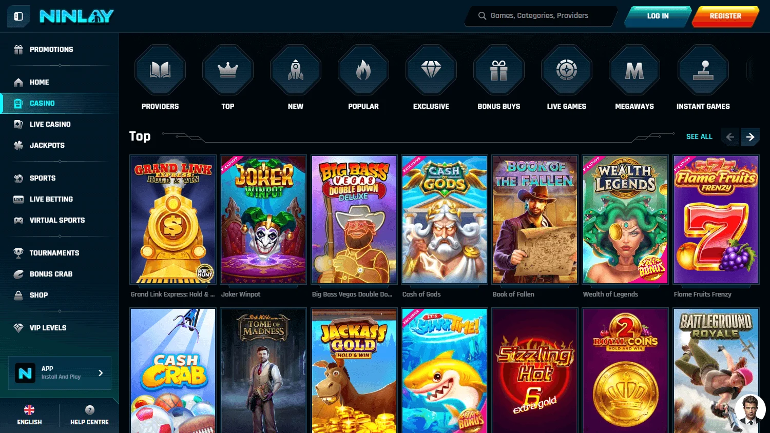 Ninlay Casino desktop casino games area with slots and live games